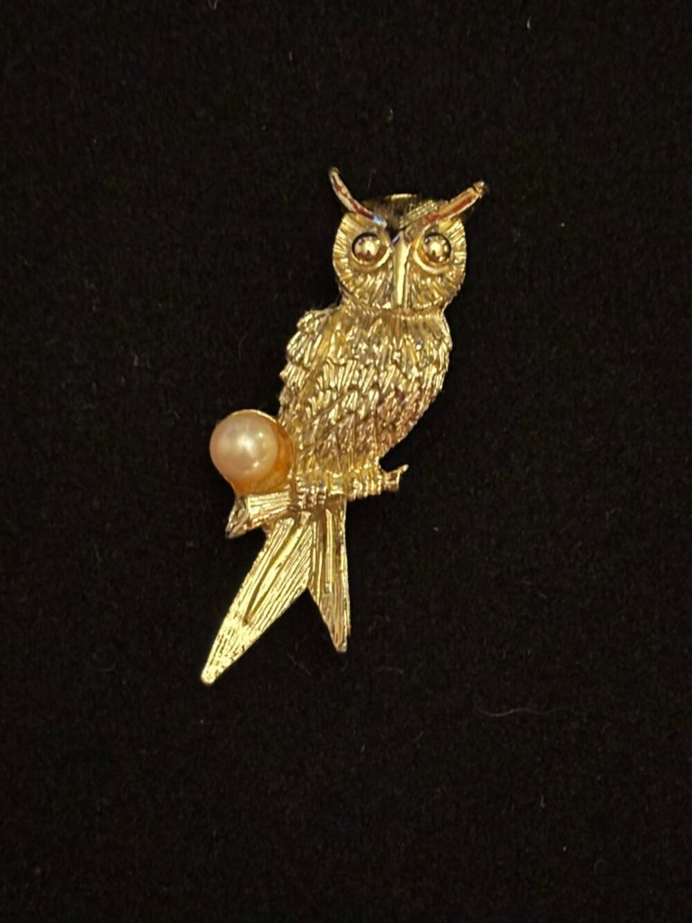 Vintage Gold Tone Owl with Faux Pearl Brooch Pin